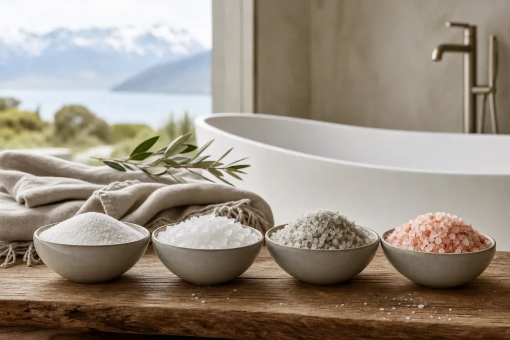 Assorted bath salts — Epsom, magnesium flakes, Dead Sea and Himalayan — for the ThrivingKiwi NZ bath salts guide.
