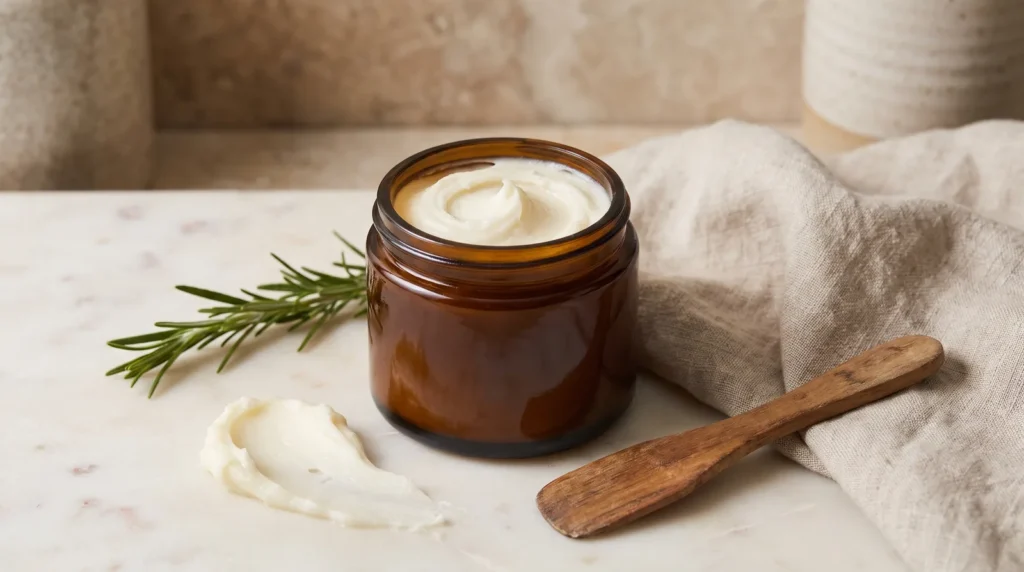 Whipped beef tallow balm in an unbranded amber glass jar with rosemary and linen, from a New Zealand beef tallow moisturiser review
