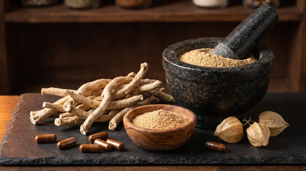 Dried ashwagandha root with powder in a stone mortar and capsules on slate, from a New Zealand ashwagandha guide