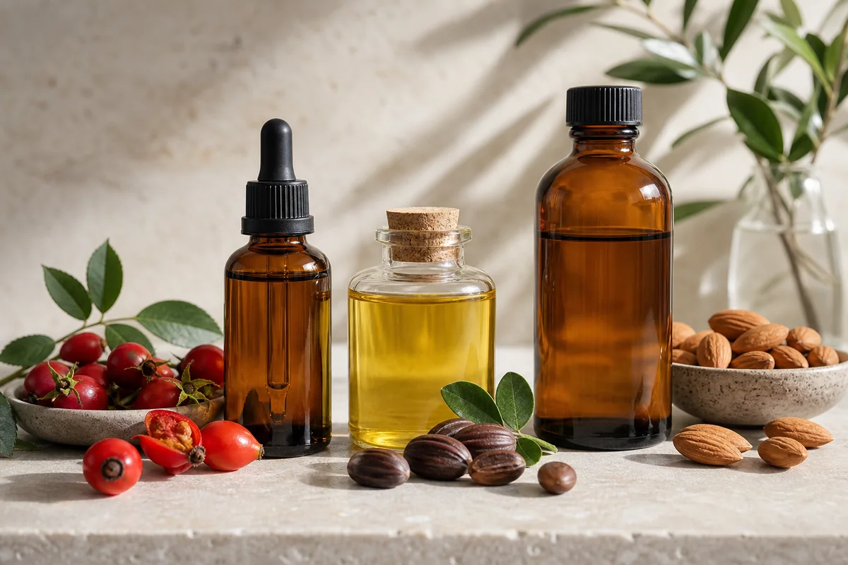 Unbranded rosehip, jojoba and almond carrier oils with seeds and botanicals