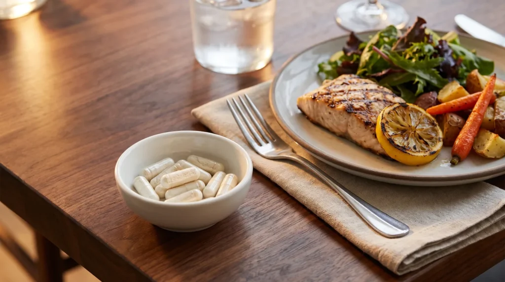 Digestive enzyme capsules in a dish next to a plated meal of grilled fish and roast vegetables, from a New Zealand digestive enzymes guide