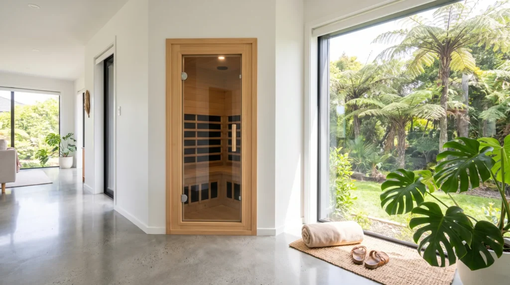 Compact home infrared sauna cabin installed in a bright New Zealand living space overlooking a fern garden, from an NZ home sauna buying guide