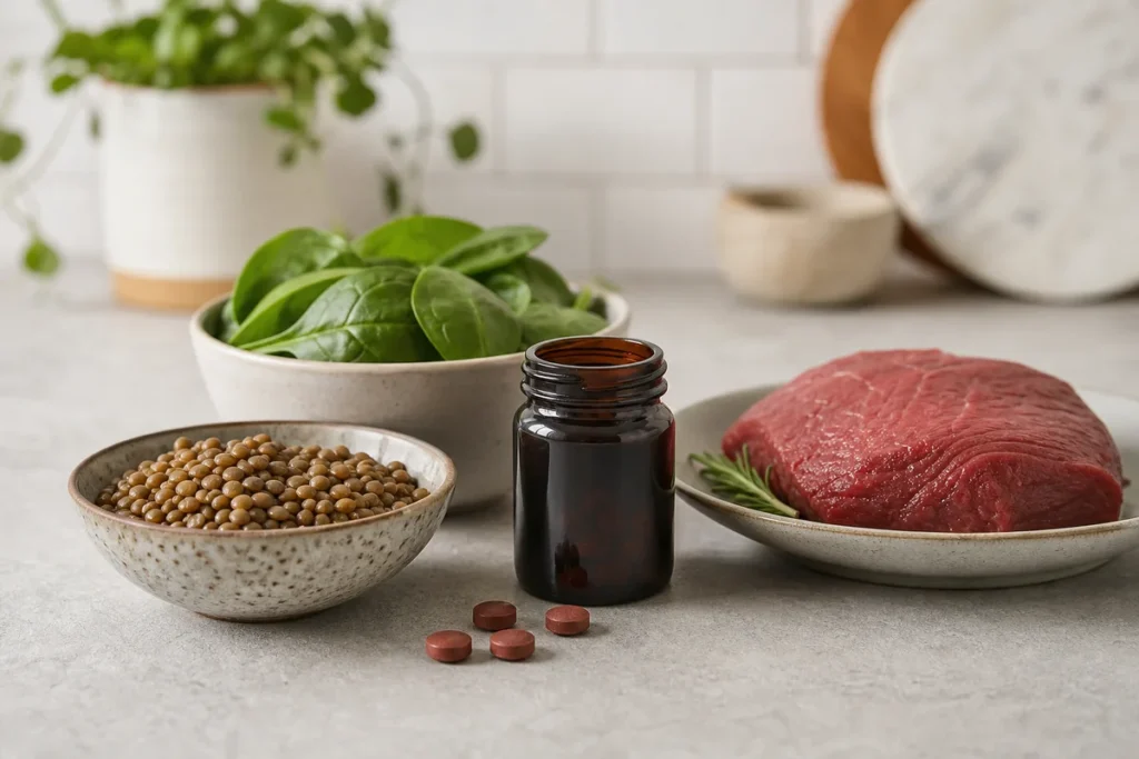 Unbranded iron tablets with lentils, spinach and lean red meat