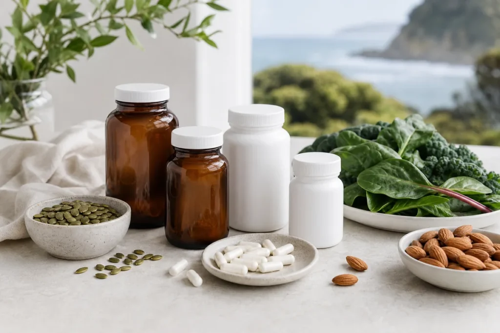 Magnesium supplement capsules with pumpkin seeds, almonds and leafy greens