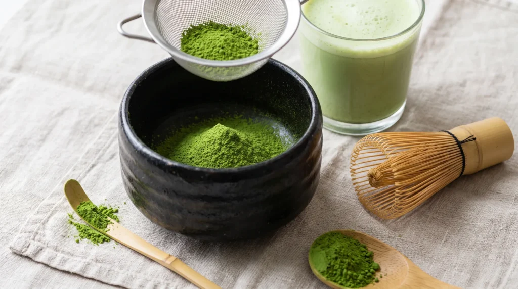 Ceremonial grade matcha powder in a black chawan bowl with a bamboo whisk and matcha latte, from a New Zealand matcha buying guide