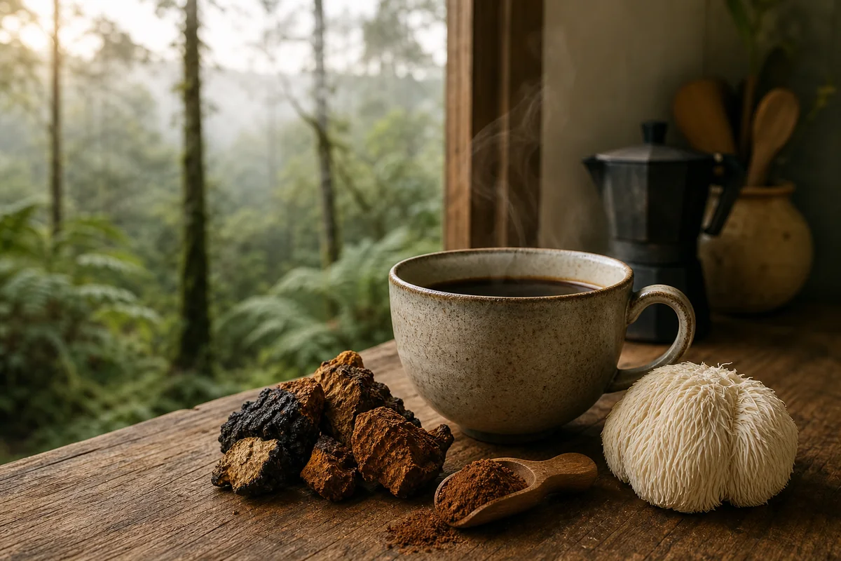 Mushroom coffee with lion’s mane and chaga beside a New Zealand native forest
