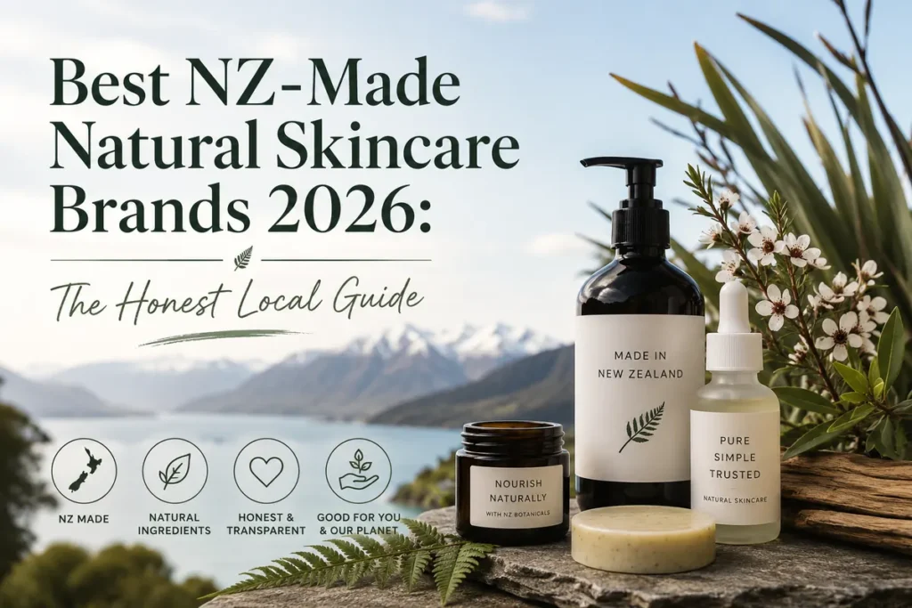 New Zealand natural skincare bottles arranged with native foliage beside a lake