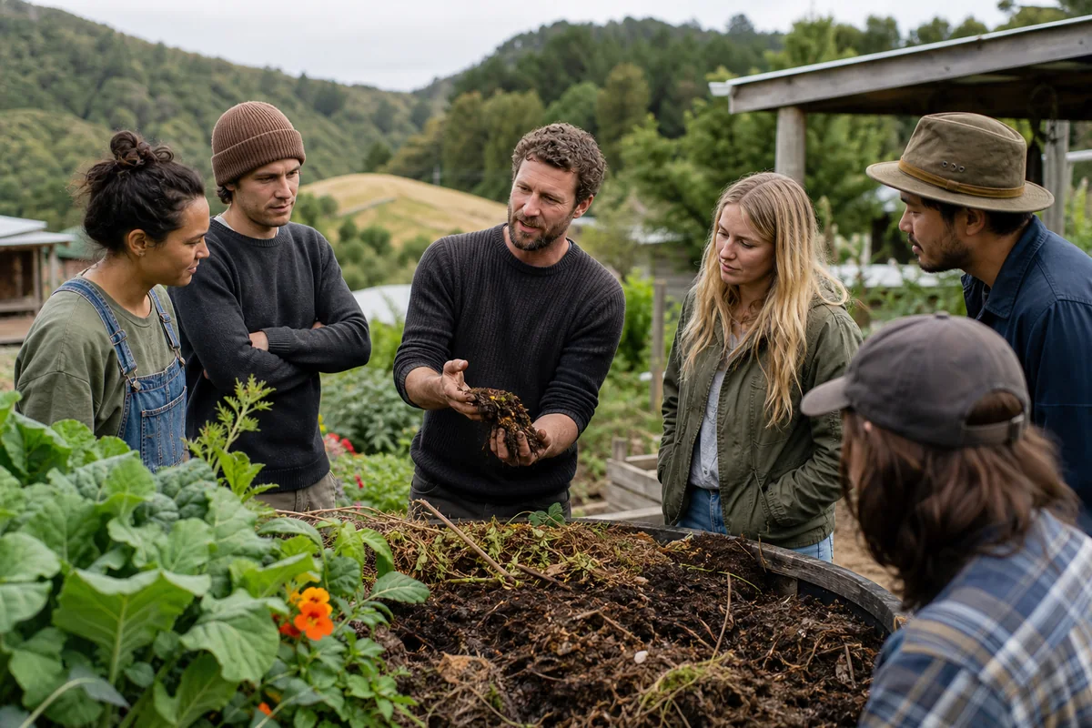 Small permaculture workshop group learning in a productive New Zealand garden