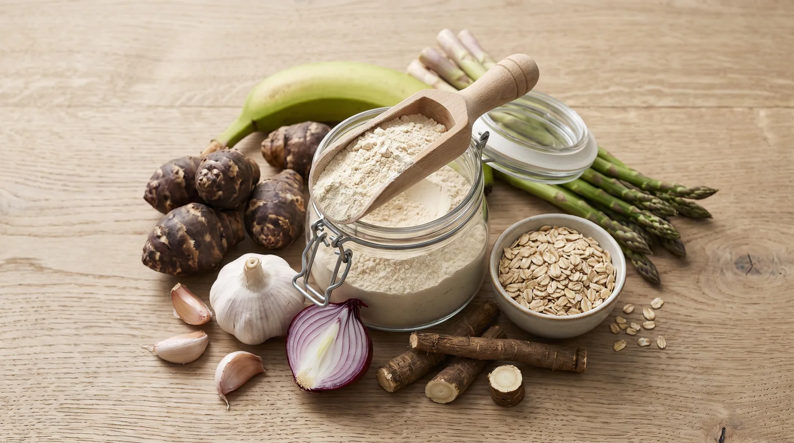Prebiotic fibre powder in a jar surrounded by garlic, onion, banana, asparagus and oats, from a New Zealand prebiotic supplement guide