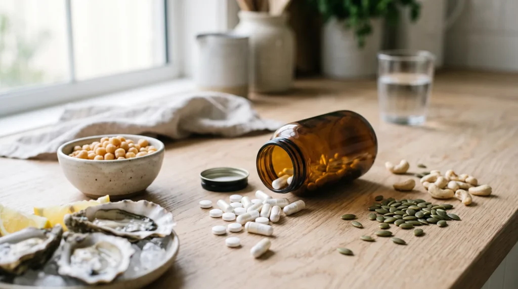 Zinc supplement capsules beside fresh oysters, pumpkin seeds and cashews, from a New Zealand zinc supplement buying guide