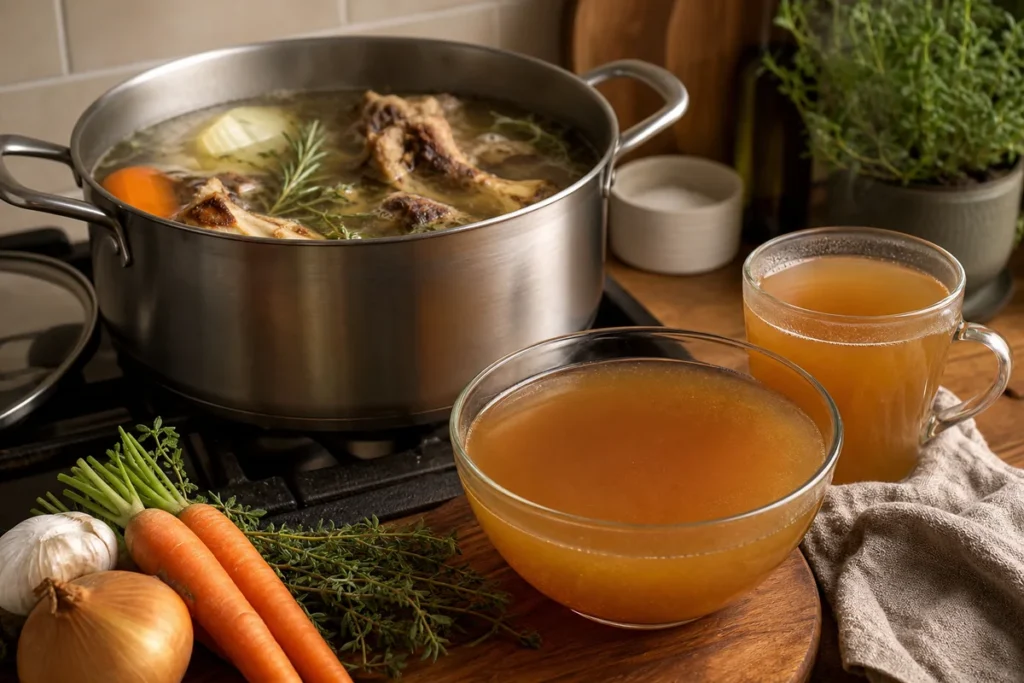 A pot of homemade bone broth with bones and vegetables, from the ThrivingKiwi NZ bone broth guide.