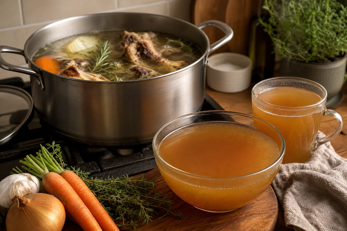 Homemade bone broth simmering with vegetables and herbs in a New Zealand kitchen