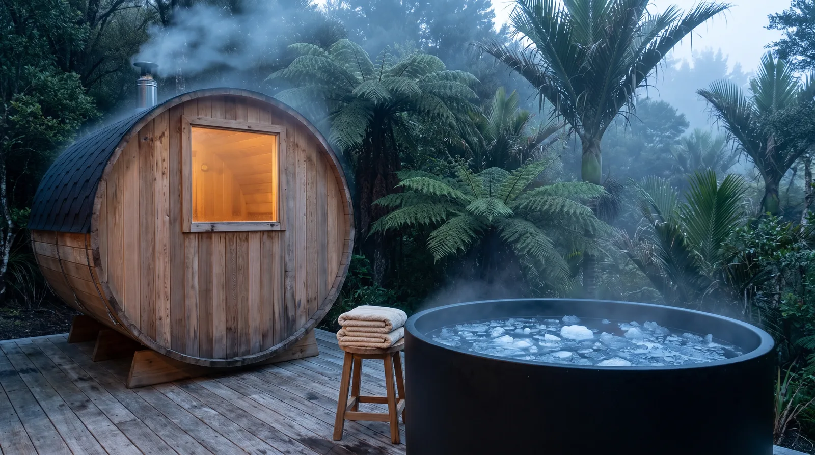 Cedar barrel sauna beside a cold plunge tub on a deck surrounded by New Zealand native bush, from a contrast therapy guide