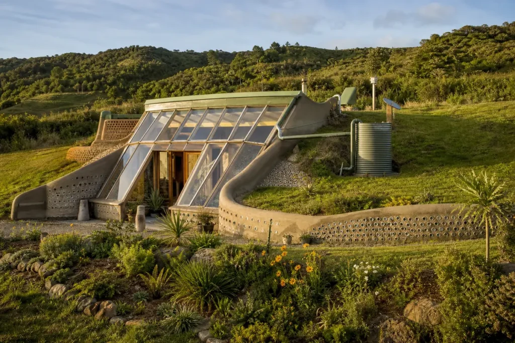 Earthship-inspired home with an earth berm, greenhouse frontage and rainwater tank in rural New Zealand