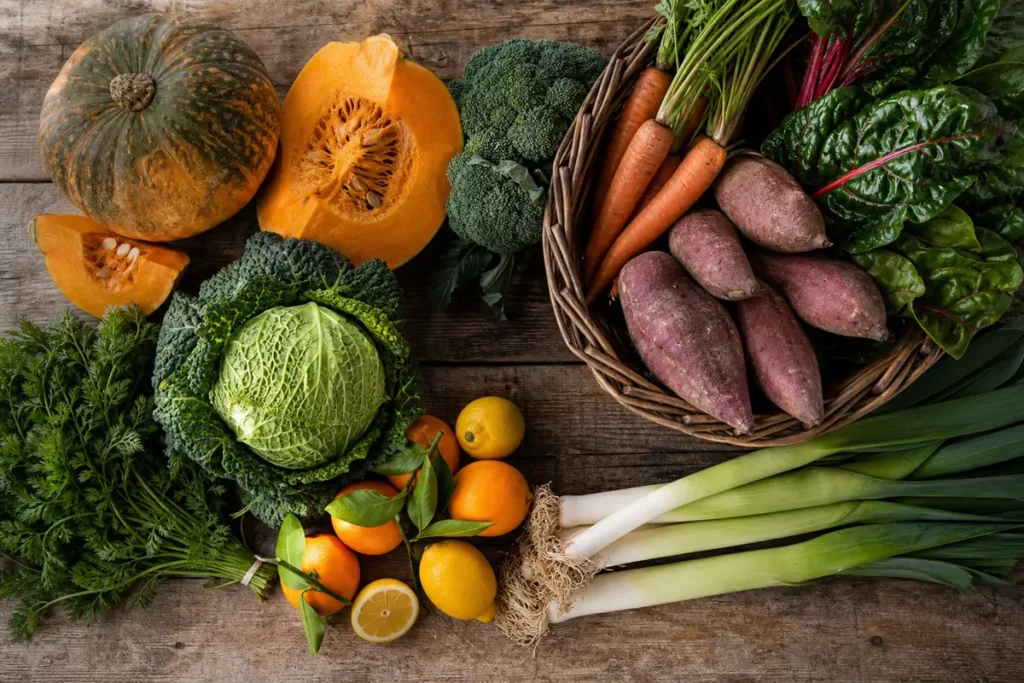 New Zealand winter produce — kūmara, pumpkin, citrus and greens, from the ThrivingKiwi seasonal eating guide.