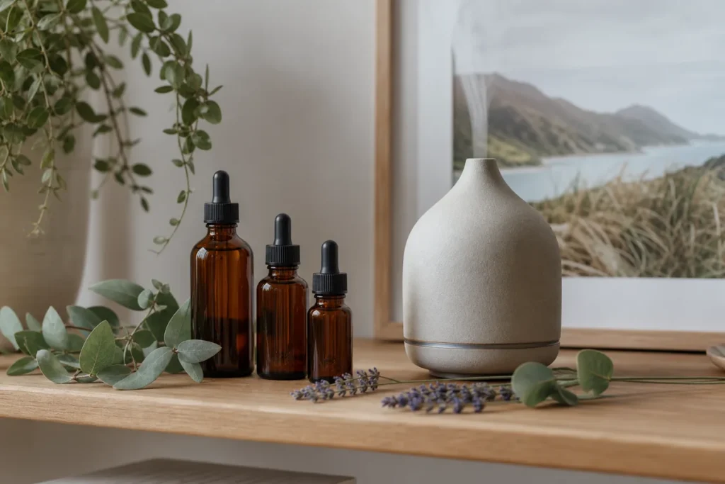 Essential oil bottles with lavender and botanicals, from the ThrivingKiwi NZ essential oils safety guide.