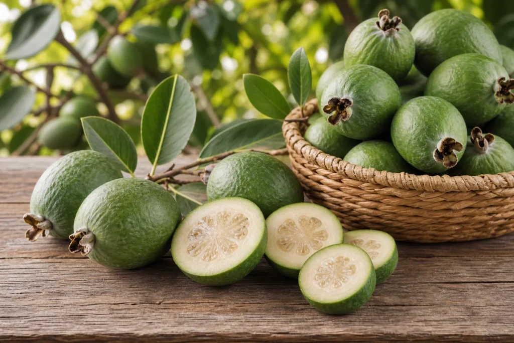 Whole and halved feijoas showing green flesh, from the ThrivingKiwi NZ feijoa nutrition guide.