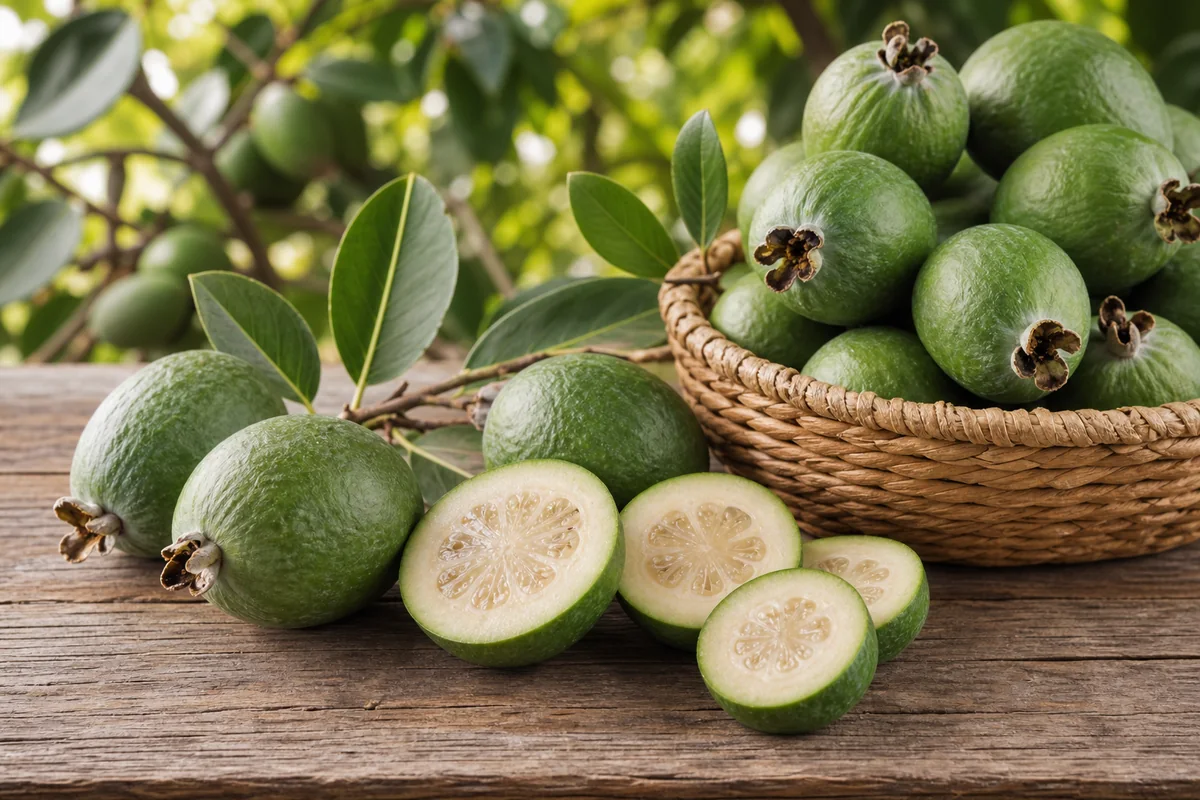 Whole and sliced feijoas on a rustic New Zealand kitchen table