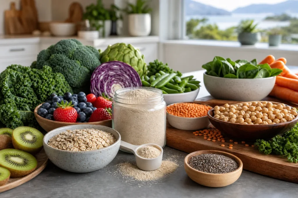 High-fibre foods and psyllium powder, from the ThrivingKiwi NZ fibre supplements and fibermaxxing guide.