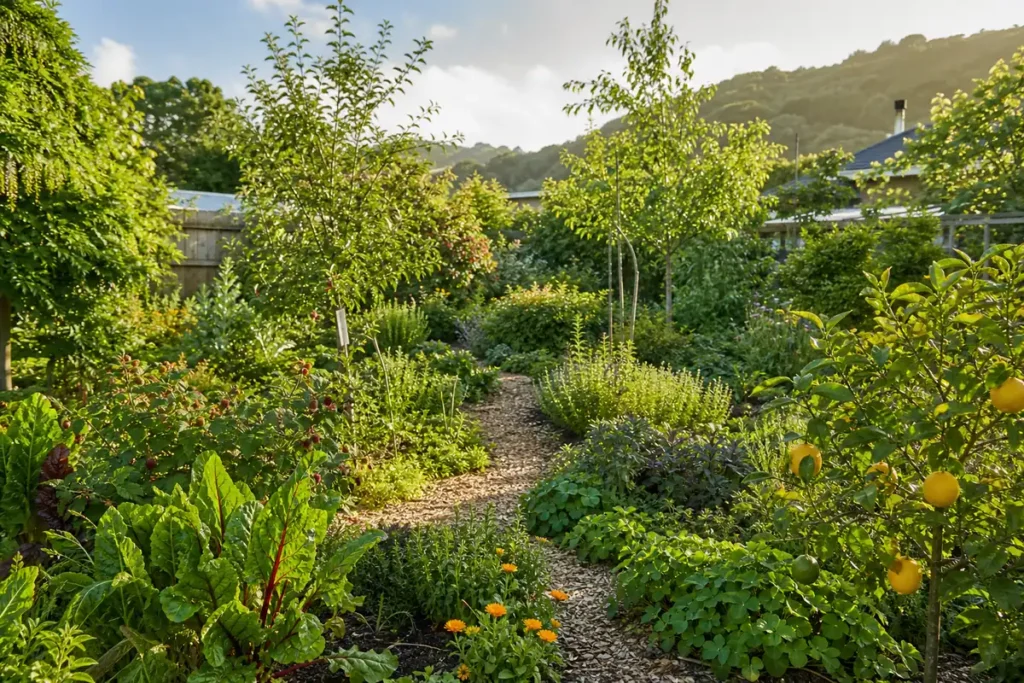 Layered backyard food forest with fruit trees, shrubs and herbs growing in a New Zealand garden