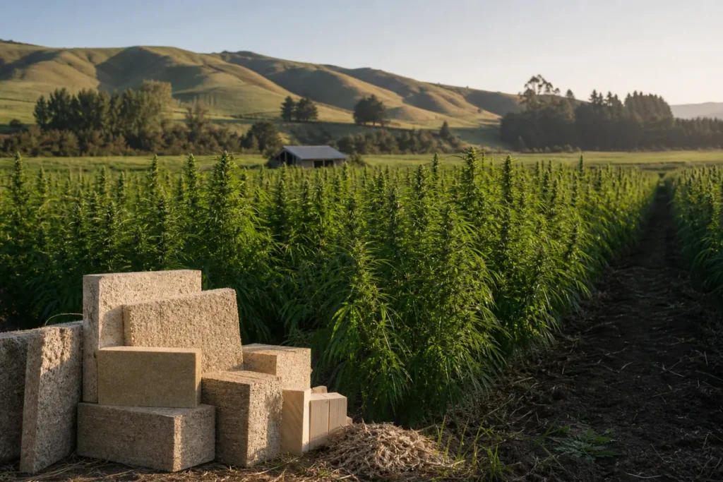 Industrial hemp crop beside hemp building blocks on a New Zealand farm
