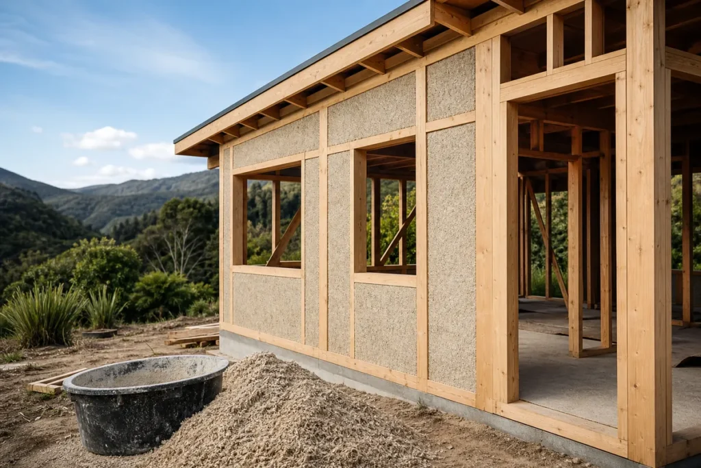 Timber-framed hempcrete home under construction with hemp-lime infill walls in New Zealand