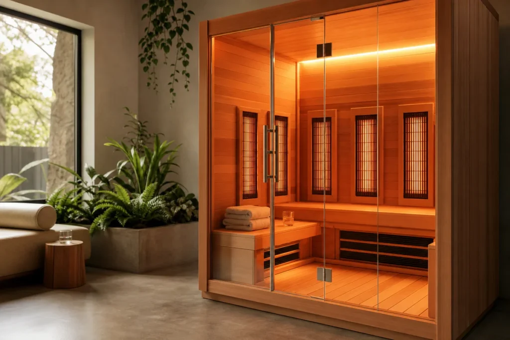 Modern cedar infrared sauna in an Auckland wellness studio