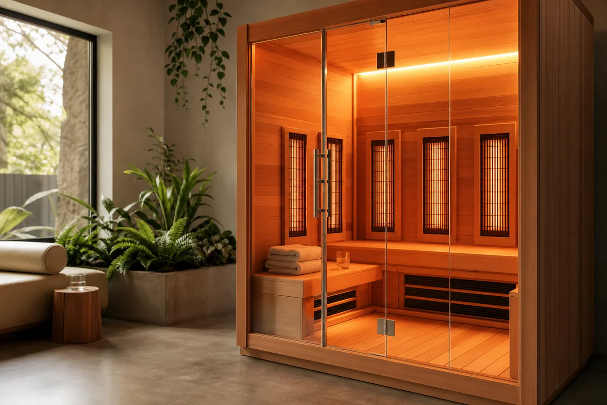 Modern cedar infrared sauna in an Auckland wellness studio