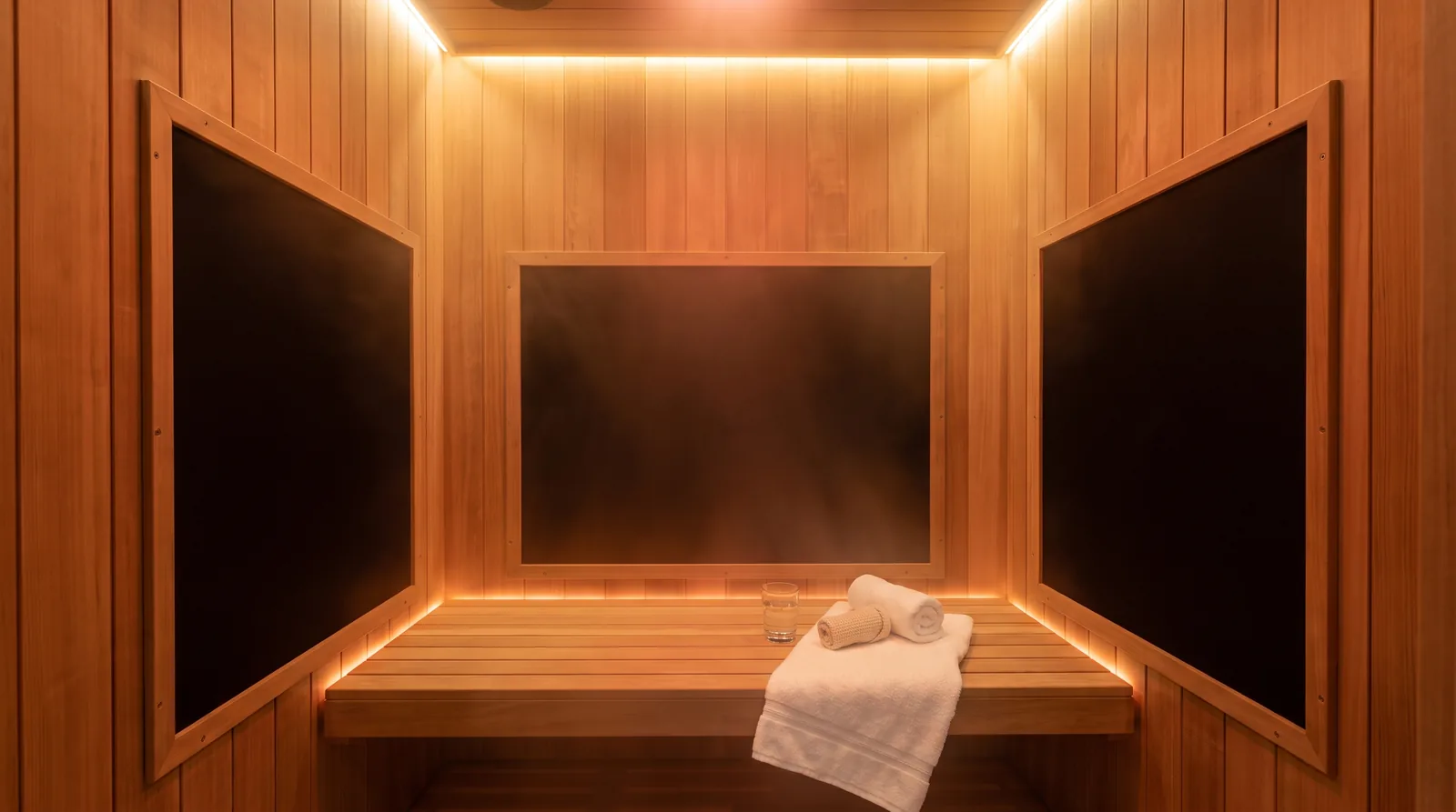 Warm cedar-lined infrared sauna interior with glowing heater panels and a folded towel, from a guide to infrared sauna benefits