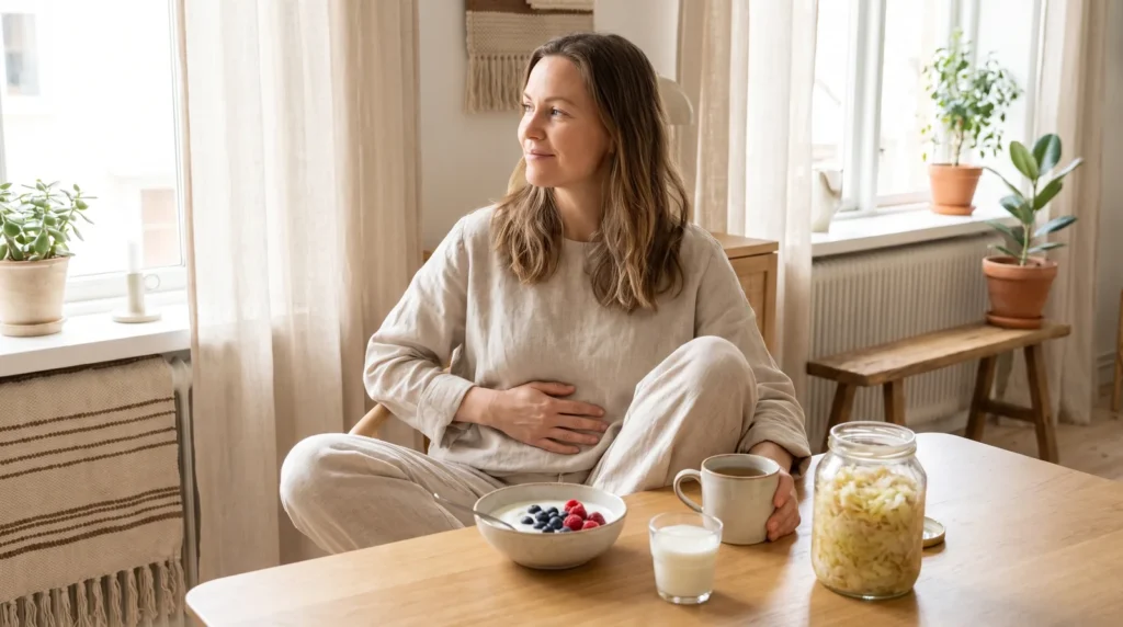 Woman resting a hand on her stomach at a sunlit table with yoghurt, kefir and sauerkraut, from an evidence-based New Zealand leaky gut guide