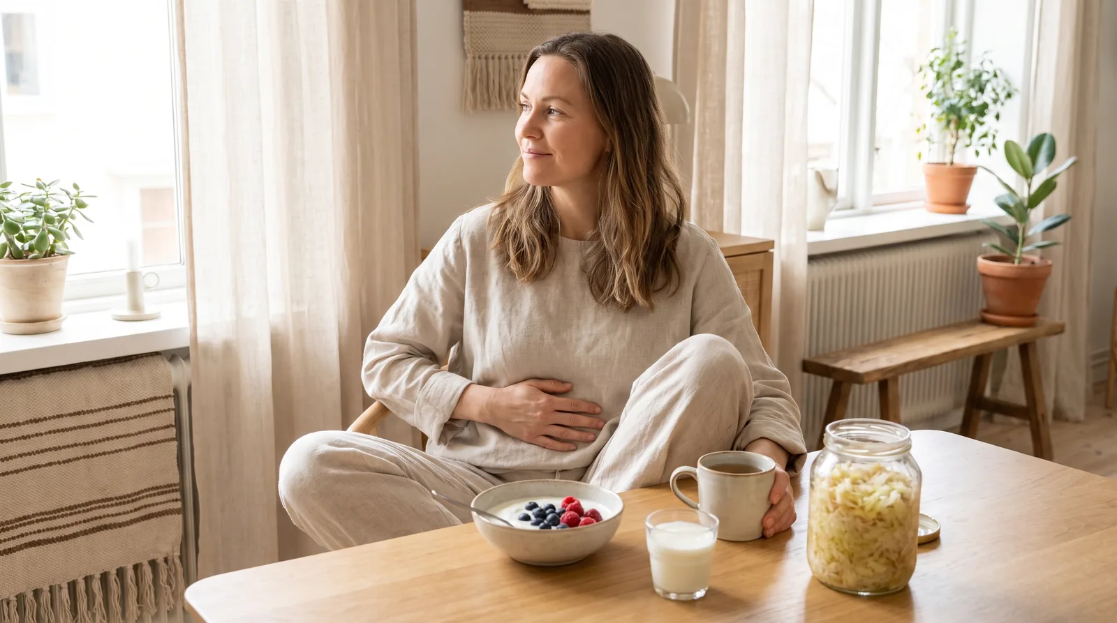 Woman resting a hand on her stomach at a sunlit table with yoghurt, kefir and sauerkraut, from an evidence-based New Zealand leaky gut guide