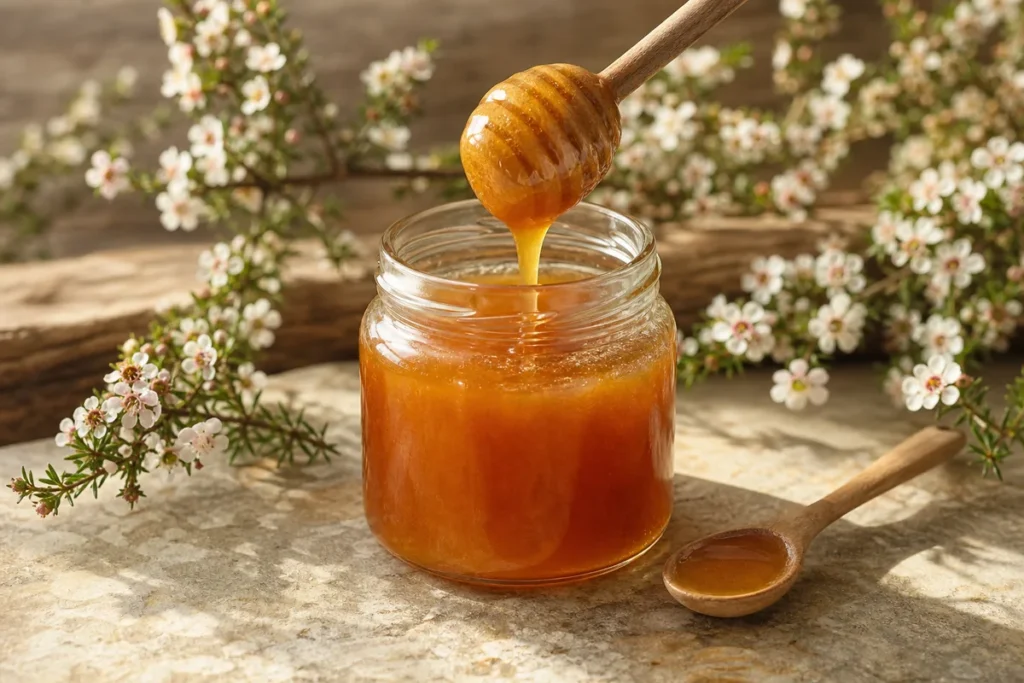Amber mānuka honey in a glass jar with a wooden dipper and mānuka blossoms
