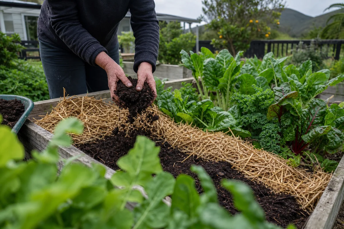 Gardener adding compost mulch to a no-dig vegetable bed in a New Zealand backyard