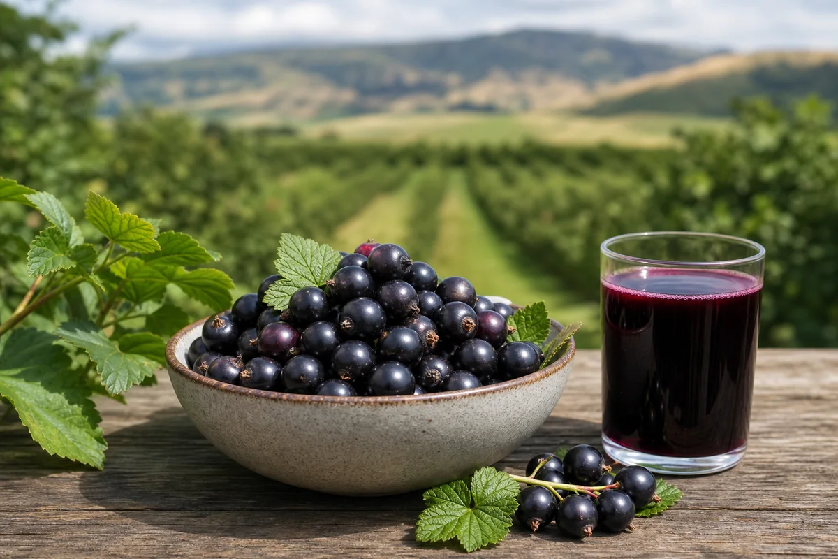 Fresh New Zealand blackcurrants with a glass of dark purple juice