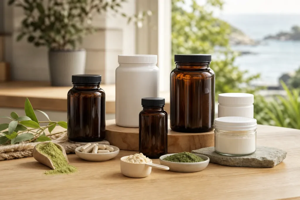 Unbranded supplement bottles, capsules and wellness powders in a bright New Zealand coastal setting