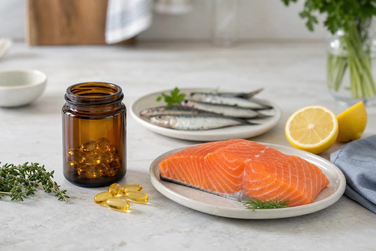 Unbranded fish oil softgels beside salmon, sardines and lemon