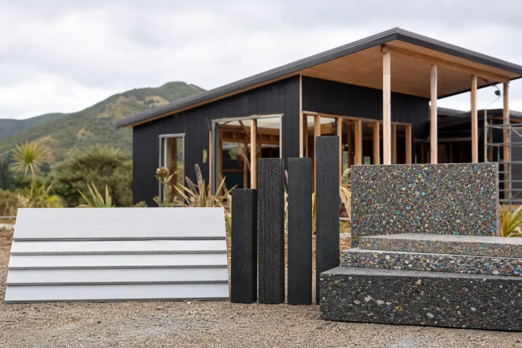 Recycled plastic building boards, fence posts and architectural panels at a sustainable New Zealand building site