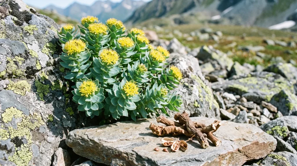 Flowering Rhodiola rosea plant on alpine rocks with dried rhodiola root in the foreground, from a New Zealand rhodiola guide