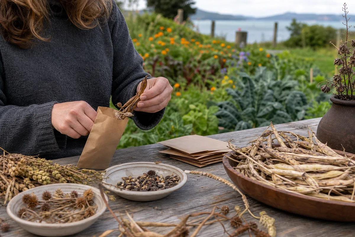 Gardener collecting dry seeds into paper envelopes in a New Zealand vegetable garden