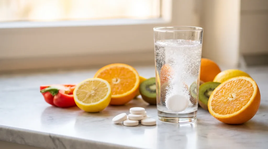 Effervescent vitamin C dissolving in a glass of water beside oranges, lemon and kiwifruit, from a New Zealand vitamin C supplement guide