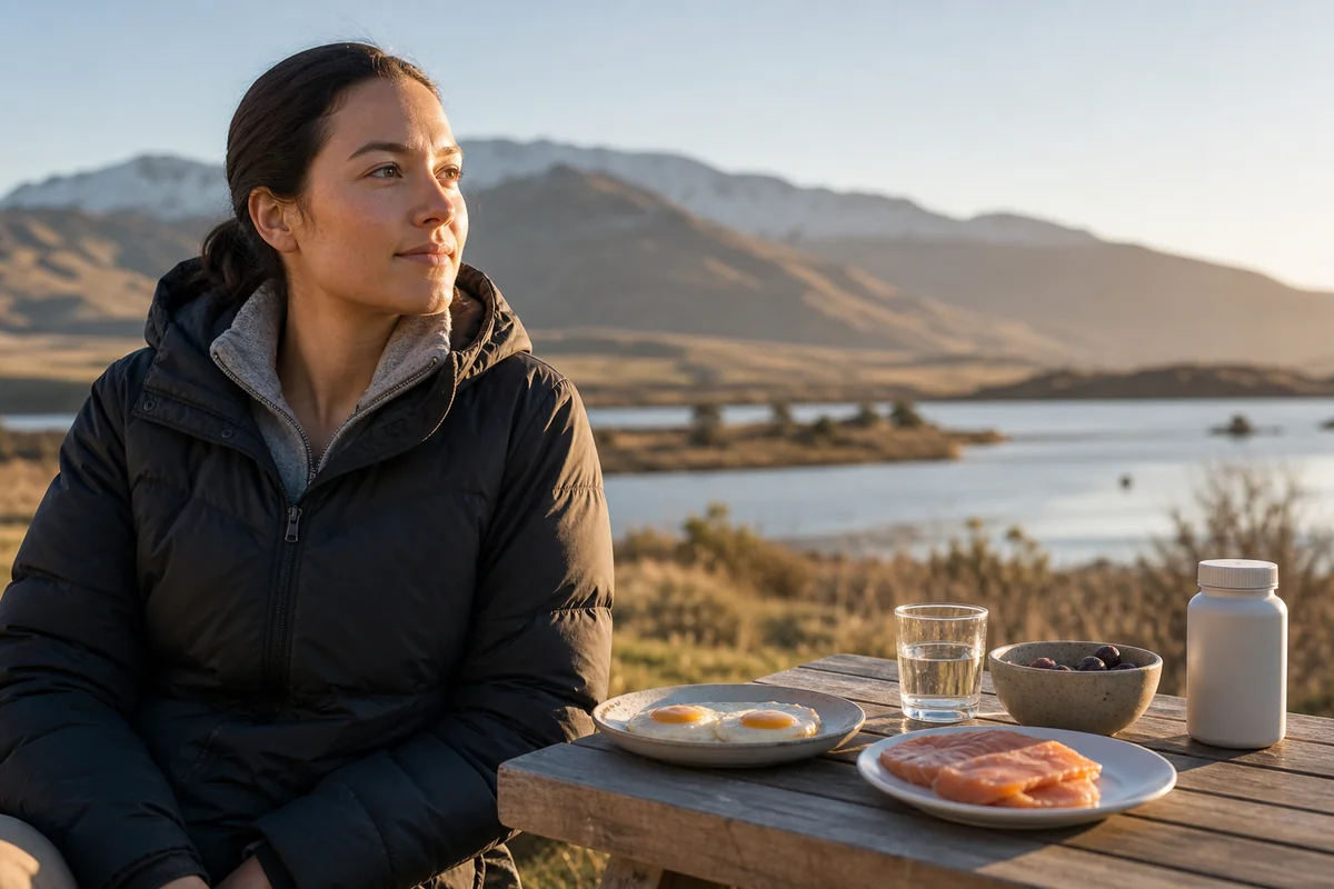 Adult in low New Zealand winter sunlight with eggs, salmon and an unbranded supplement