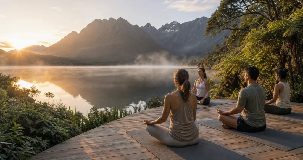 Person practising yoga outdoors at a scenic New Zealand wellness retreat