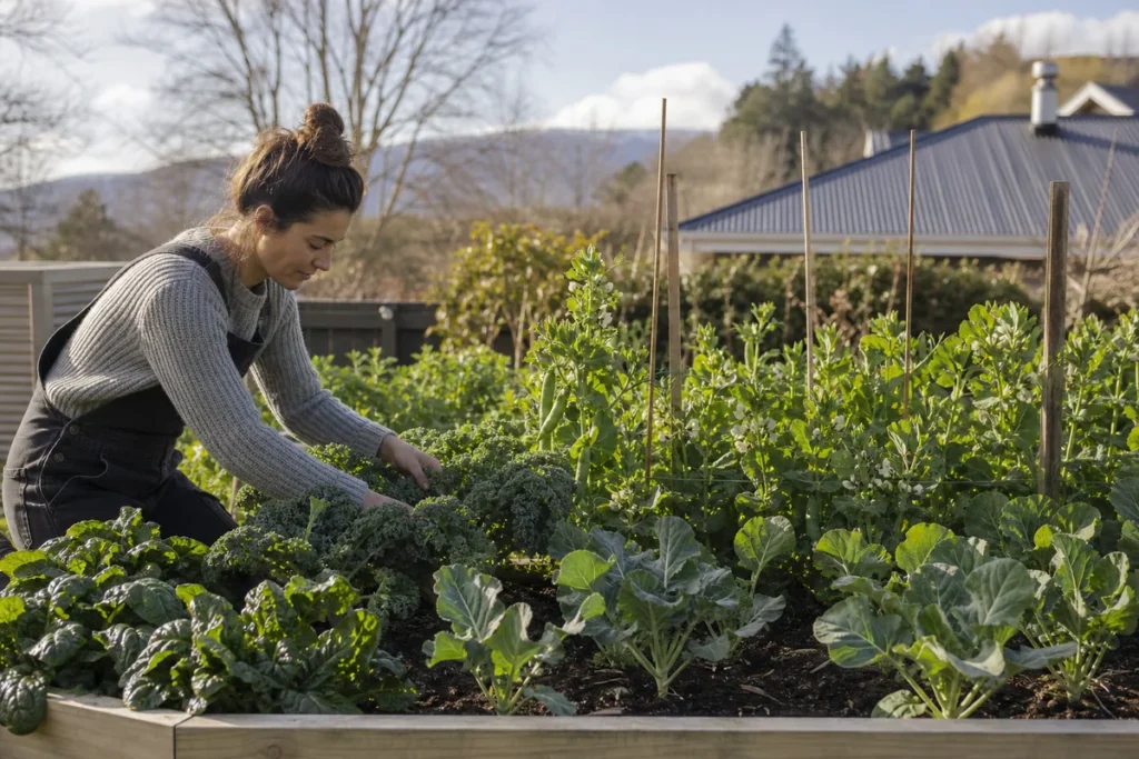 Winter vegetable seedlings in a NZ garden bed, from the ThrivingKiwi guide to winter crops to plant now.