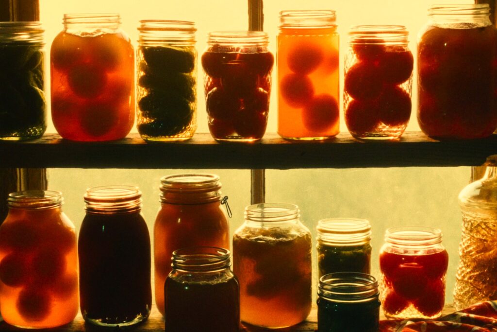 Backlit shelves of home preserving jars filled with bottled fruit and pickles
