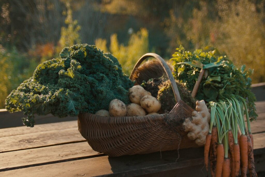 Woven basket of freshly lifted vegetables on a timber garden bench