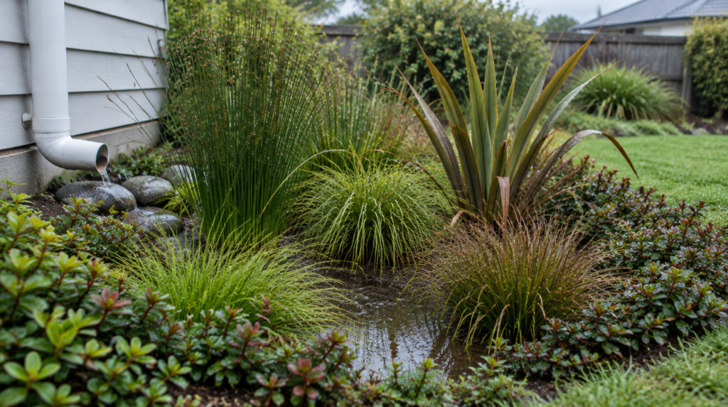 A small backyard raingarden planted with native oioi, Carex sedges and mountain flax, fed by a downpipe from a New Zealand weatherboard house