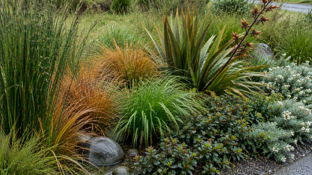 Native New Zealand raingarden plants: oioi rush, bronze Carex sedges, mountain flax in flower, low Coprosma and silvery Pimelea beside river stones
