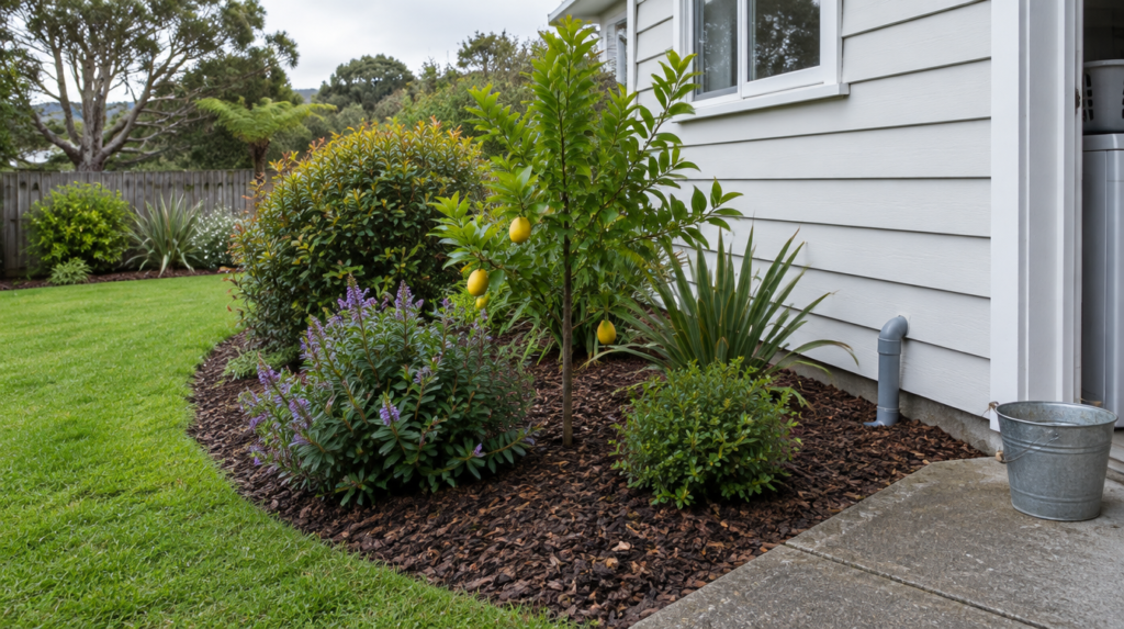 A mulched garden bed with a young lemon tree, hebe and flax beside a New Zealand weatherboard house, with a greywater pipe running under the bark mulch and a bucket on the path