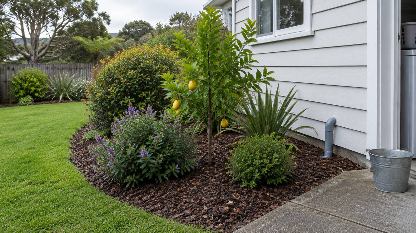 A mulched garden bed with a young lemon tree, hebe and flax beside a New Zealand weatherboard house, with a greywater pipe running under the bark mulch and a bucket on the path