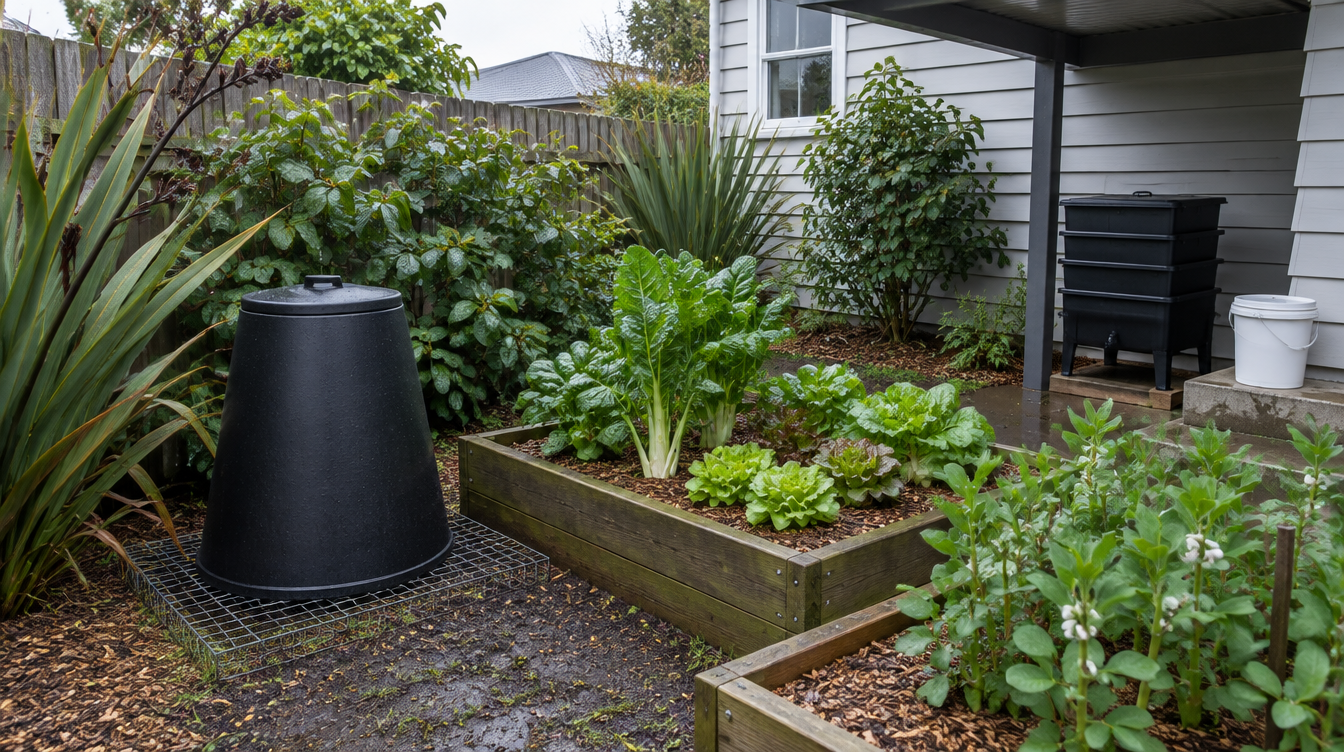 A black compost bin standing on wire mesh beside raised vegetable beds, with a stacked worm farm and a bokashi bucket under the carport of a New Zealand weatherboard house